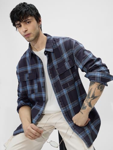 Image of The Souled Store Plaid: Men's and Boys Long Sleeves Collared Neck Button Front Cotton Regular Fit Utility Shirts