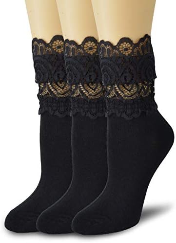 ViViKi Women Lace Socks, Transparent Mesh Ruffle Dress Socks 3 Pack (Black Lace Cotton Socks, 3 Pairs)