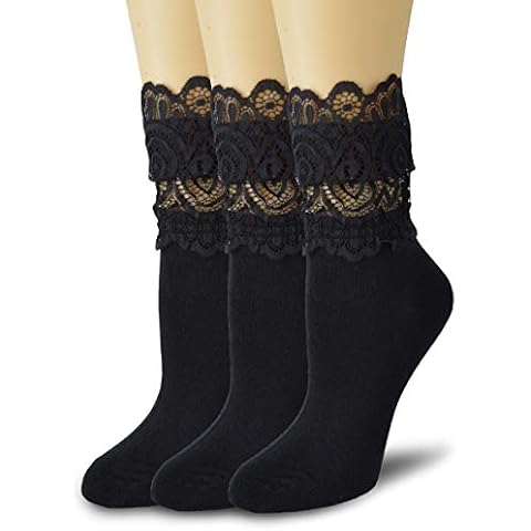 ViViKi TZYDMN Women Lace Socks, Transparent Mesh Ruffle Dress Socks 3 Pack (Black Lace Cotton Socks) Cover