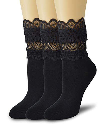 ViViKi Womens Lace Socks Black Ruffle Socks for Women Sexy Fashion Frilly Ankle Socks 3 Pairs