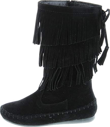 Link Candice-16K Girls Mid Calf 3 Layer Fringe Boots,Black,102