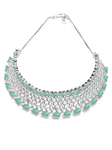 Image of Karatcart Light Green American Diamond Silver Plated Choker Necklace Set for Women