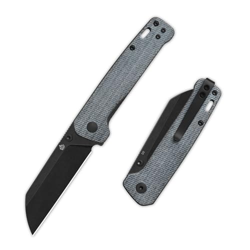 QSP Penguin V2 Folding Pocket Knife 3.06 D2 Black Stonewash Blade EDC Knife Denim Micarta Handle Liner Lock Ceramic Ball Bearings Reversible SS Deep Carry Clip