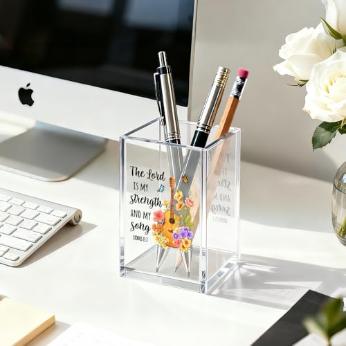 Image of The Lord Is My Strength And My Song Pen Holder Makeup Organizer, Funny Guitar Scripture Christian Pencil Pen Holder for Desk, Exodus 15:2 Bible Verse Desk Accessories, Religious Gifts Pencil Cup