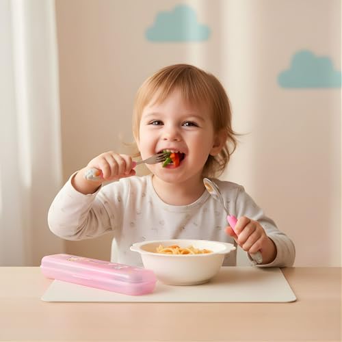 Image of Hian 304 Stainless Steel Kids Spoon & Fork Set - Safe Rounded Edges, Cute Design Easy-Grip Handles, Durable Children's Cutlery with Carry Case, Pack of 2 (Pink)