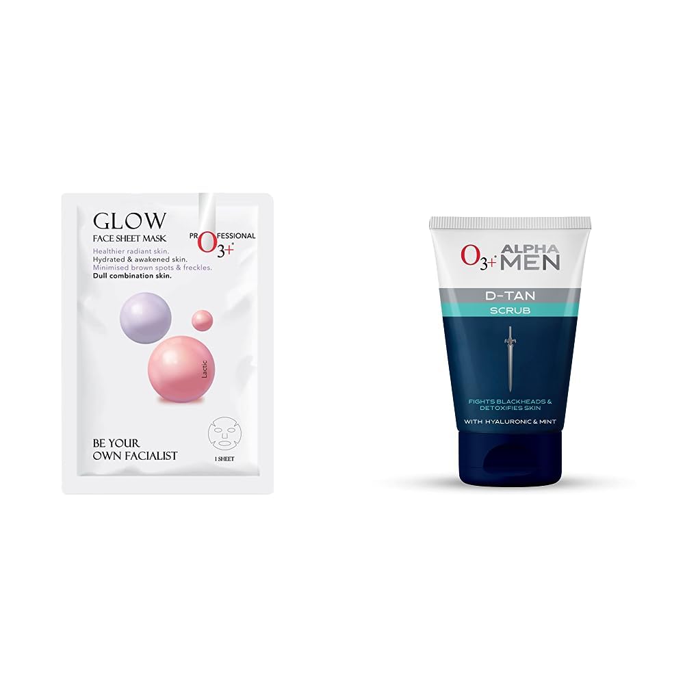 O3+ Facialist Glow Sheet Mask Hydrates and awakens skin(30g) & O3+ ALPHA MEN Acno D-TAN Scrub With Hyaluronic & Mint 50g - Detan Scrub for TAN removal Combo-picture-35