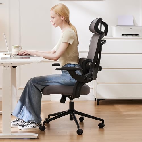 Sweetcrispy Ergonomic Desk Chair Office Chair, 300 LBS Home Mesh Office Desk Chairs with Wheels, 2D Headrest, Up&Down Lumbar Support, Swivel High Back Computer Chair with Flip-up Armrests,Dark Grey - Image 4