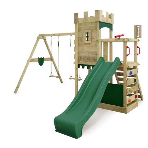 Fatmoose Aire de Jeux Château Fort BoldBaron Boost XXL avec balançoire & Toboggan Vert, extérieur Enfants Tour d'escalade avec bac à Sable échelle & Accessoires de Jeux