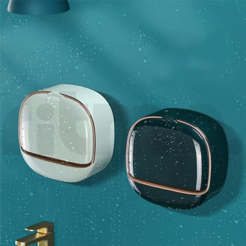 Image of Ritmo Space Saving Wall Mounted Soap Box with Drain and Waterproof Flip Lid (Mint Green)