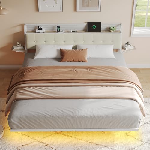 Salamir Queen Floating Bed Frame with LED & Charging Station, Ergonomic Upholstered Headboard with Folding Shelves Storage, Metal Slats Support, No Box Spring Needed, Easy Assembly, Noise-Free, White