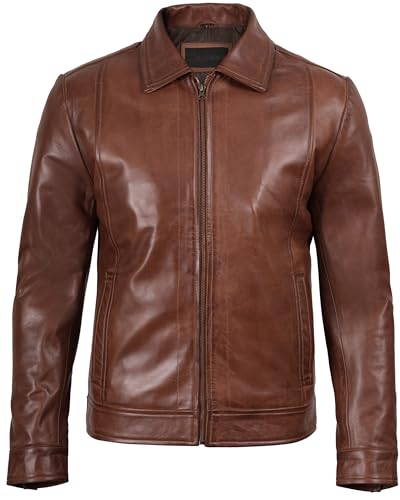 Image of Blingsoul Vintage Distressed Leather Jacket for Men - Shirt Collar Genuine Lambskin Mens Leather Jacket