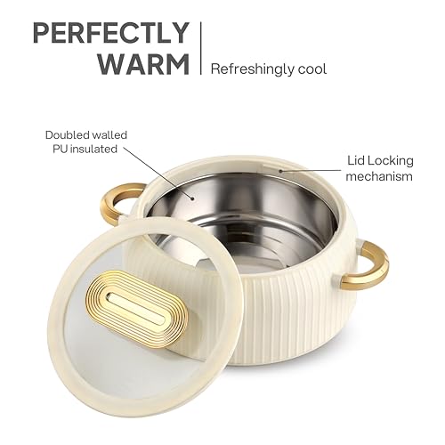 Image of CELLO Castella Deluxe Insulated Steel Casserole Case Set of 3 Pcs, Ivory (1000ml, 1500ml, 2500ml) | Airtight See Through Lid, Hot Pot Box Keeps Food Hot & Warm, Casserole Set for Roti Chapati Rice