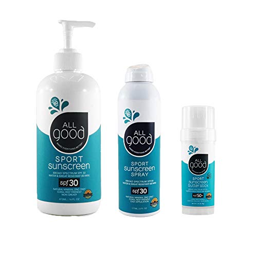 All Good Sport Mineral Face & Body Sunscreen - Uva/Uvb Broad Spectrum, Water Resistant, Coral Reef Friendly, Gluten-Free - Spf 30 16 Oz Pump, Spf 30 Sport Spray, Spf 50 Sport Butter Stick #TOP11