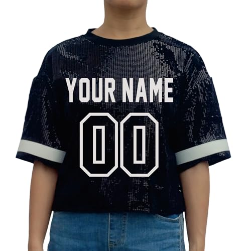 Customized Name and Number Sequin Jersey T-Shirts Tops Women's