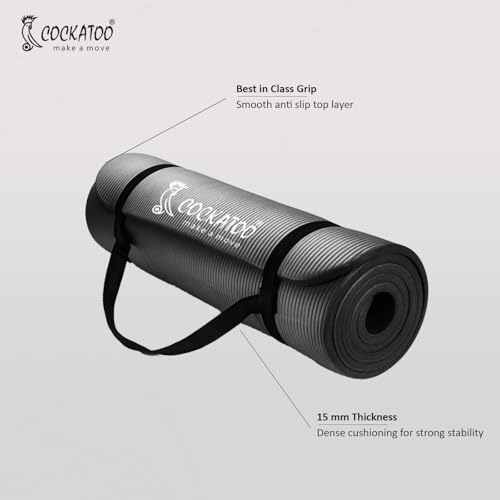 Image of Cockatoo 15mm Thick NBR Yoga Mat For Home and Gym Workout| Anti Slip Yoga Mat For Men & Women| Yoga Mat with Carrying Strap, Black