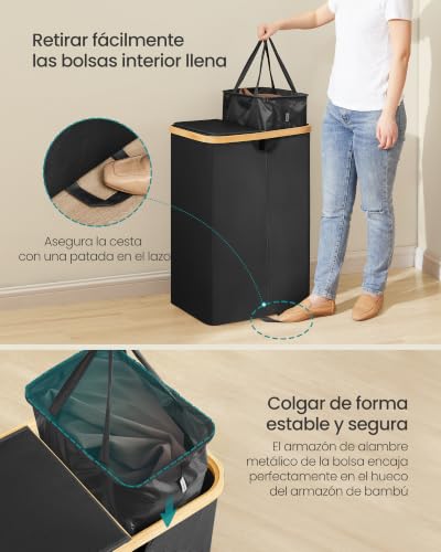 Miniatura 6 de Songmics Cesto Ropa Sucia De 2 Compartimentos, Cesta De Colada, 150 L, Clasificador Con Tapa, Bolsas De Ropa Extraíbles, Para Lavadero, Dormitorio, Salón, Negro Tinta Y Beige Natural Lcb523b01