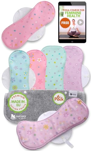 Compresas Reutilizables Ecológicas de Algodón Orgánico; 6-Pack (tamaños L+XL) Compresas de Tela Lavables HECHAS EN LA UE; Compresas Tela Mujer Organico alas para menstruación, postparto, incontinencia