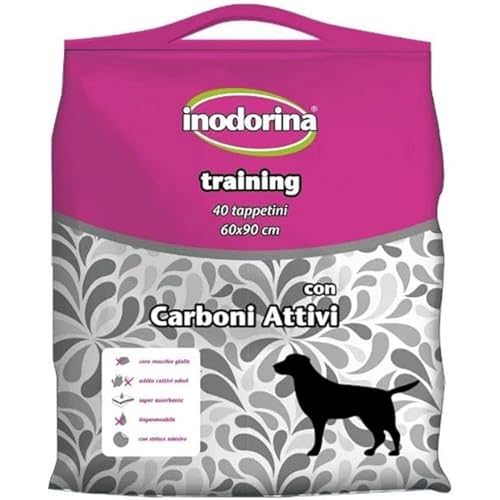 Inodorina Tappetini igienici per Cani (60x90 cm, 40 Pezzi) – Traversine con Carboni Attivi Super assorbenti in Pura cellulosa Vergine – con polimeri Odor Control e Sticker Antiscivolo
