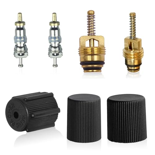 Qurbuns 7 PCS Car Air Conditioning Valve Core Kit, A/C Refrigeration Valve Stem Cores, Anti-Leakage AC High & Low Pressure Port Caps, AC Valve Core Removal Tool for Most Cars (Black)