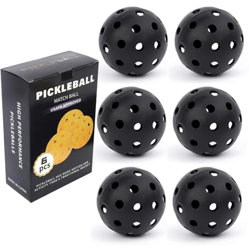 sonecesiya 6-Pack Pickleball Balls 40 Holes Outdoor Indoor High Rebounce True Flight High Visibility Durable Black Pickle Balls Set Sport Gifts for Women Men