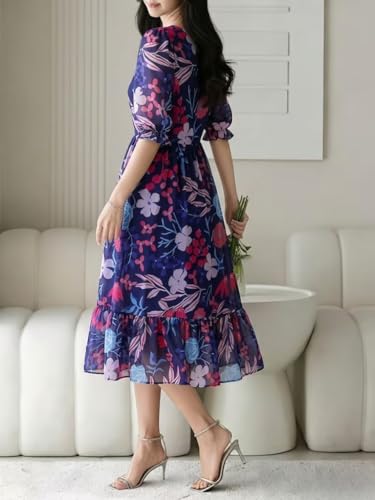 Image of SMOWKLY Women's Georgette Floral Printed Western Gown || Half Sleeve V Neck Fit & Flare Flared Hem Design || A-Line Maxi Dress Casual Wear