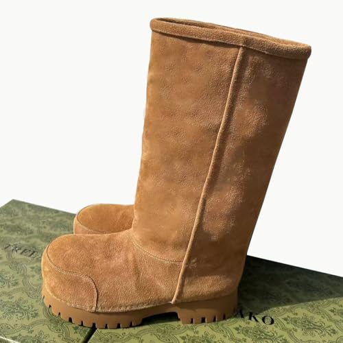 Platform Snow Boots for Women Suede Classic Fur Hippy Mid Calf Winter Boots Slip On High Boots Comfortable Chunky Trending Shoes Biege2