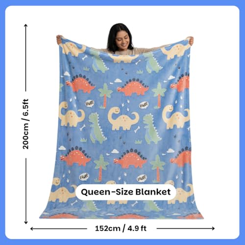 Image of Famyo Glow Blanket for Kids -Cute Dinosaur | Kids Blanket 0-15 Yrs | 200x152 cm Double Bed Blanket | Soft Flannel Blankets for Winter | Lab-Tested & Safe, (Blue)