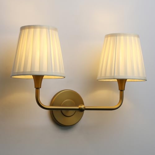 Image of Yosoan 2-Light Brass Beige-Yellow Pleated Fabric Shade Wall Sconce, Vanity Vintage Industrial Hardwired Indoor Boho Gold Wall Mounted with Cup Funnel Shade for Kitchen Living Room Staircase(Antique)