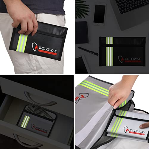 Image of ROLOWAY Small Fireproof Bag (5 x 8 inches) with Reflective Strip, Fireproof Money Bag for Cash, Valuables, Passport, Currency & Keys (2-Pack)