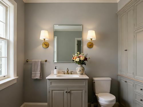 Image of Phansthy Hardwired Brass Boho Wall Sconces Set of 2, Vintage Industrial Wall Lamps, Vanity Sconces Wall Lighting with Natural Fabric Shade for Bathroom Bedroom Living Room (Antique + White Shade)