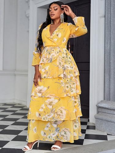 Image of Spring Summer 2024 Plus Size Womens Dresses V Neck Casual Elegant Long Sleeve Floral Print Maxi Dress