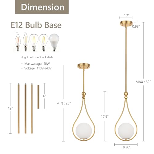 Image of Gold Pendant Lights Kitchen Island with Milky White Globe Glass, 1 Pack | Mid Century Adjustable Hanging Pendant Light Fixtures