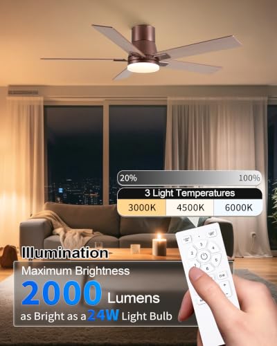 Image of Rayqueen 52 Inch Brown Flush Mount Ceiling Fans with Lights and Remote