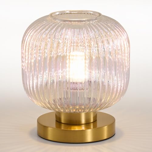 Dimmable Small Glass Table Lamp: Mid Century Modern Nightstand Light With Stained Shade - Small Decorative Brass Desk Lamp - Ribbed Glass Bedside Tables Lamps for Bedroom Living Room Bulb Ex