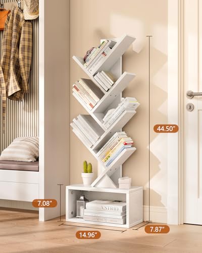 Image of Evermagin 6 Tier Tree Bookshelf with Lights, LED Book Tree Bookcase with Storage Organizer, Small Corner Bookshelf Floor Standing Book Shelf for Living Room, Bedroom & Home Office, White