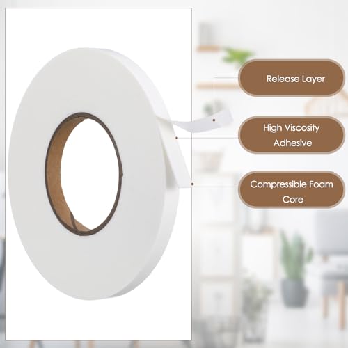 Image of Tatuo 2 Rolls Double Sided Foam Tape PE Foam Tape Sponge Soft Mounting Adhesive for DIY Craft Picture Poster Hanging (1 /2 Inch by 33 Feet,White)