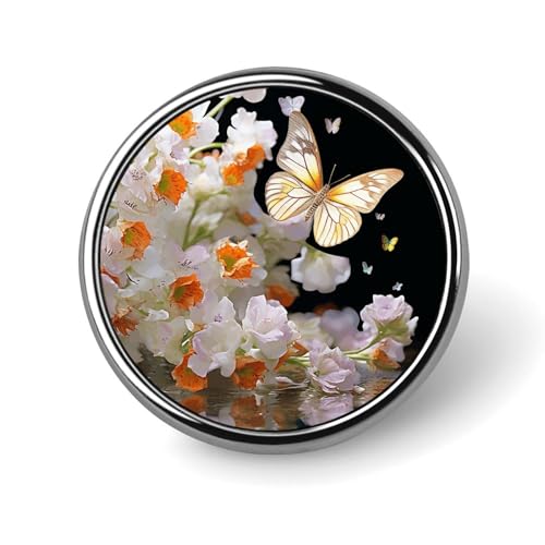 Broche ronde papillon et fleurs pour femme en alliage émaillé
