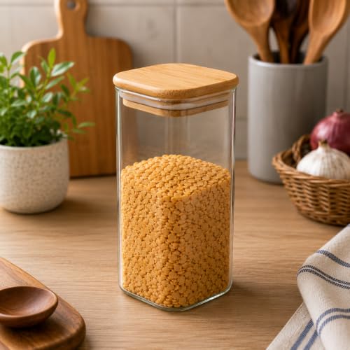 Image of 1500ML Airtight Square Glass Storage Jar with Bamboo Lid & Silicone Seal, Borosilicate Container for Rice, Dal & Dry Fruits | Transparent Stackable Multipurpose Pantry Organizer (Pack of 1)