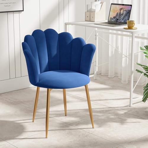 Armchair Tub Chair, Velvet Vanity Chair Shell Accent Chairs with Gold Plating Metal Legs, Leisure Single Sofa Dressing Chairs for Home, Office, Bedroom, Living Room, Dining Room (Blue)