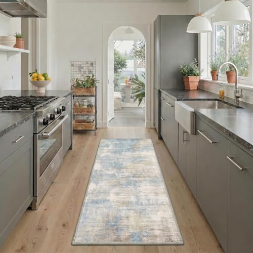Image of BEIMO Area Rugs 8x10 for Living Room Bedroom, Modern Abstract Machine Washable Rug, Large Soft Low Pile Floor Cover with Non Slip Backing for Dining Room, Dusty Blue Beige