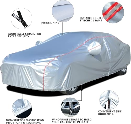 Image of Tecoom Hard Shell Full Car Cover for All Weather, Oxford Material, Door Zipper Design, Waterproof UV-Proof Windproof Indoor Outdoor Fit 160-172 Inches Hatchback