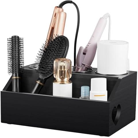 Bivvclaz Hair Tool Organizer, Wooden Hair Dryer Holder Wall Mount, Countertop Hot Tools Organizer for Hair Styling Accessories, Bathroom Supplies Vanity Caddy for Curling Wand, Blow Dryer, Black Cover