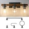 3-Light Farmhouse Vanity Light, 5-Piece All-in-One Bathroom Set (E26 Bulb Base), Bathroom Light Fixture with Seeded Glass Shades, Faux Wood Metal Wall Sconce for Bathroom, Kitchen, Powder Room