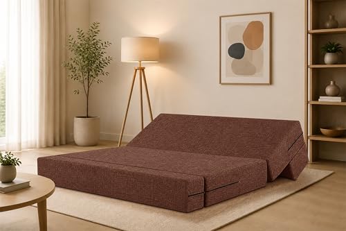 Image of Four Seater Sofa Cum Bed Jute Fabric 6 X 6 Ft| Space Saving Foldable Sofa Bed for Living Room & Guest Room | Comfortable Multi-Functional Furniture - Brown