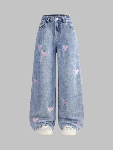 SHENHE Girl's Wide Leg Jeans High Waisted Heart Embroidered Casual Cute Loose Preppy Kid Denim Pants4