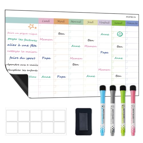 POPRUN Tableau Blanc Effaçable 43×28 cm, Calendrier Magnetique Frigo, Tableau Tache Menagere Famille utilisable comme Planning Semaine ou Planificateur Mensuel pour tâches et menus