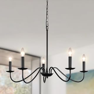 ASHUAQI Chandeliers Ceiling Lights Living Room, 5 Lights E14 Base Candle Pendant Light Fitting Adjustable Height, Industrial Black Ceiling Light for Kitchen, Bedroom, Hallway, Dining Room