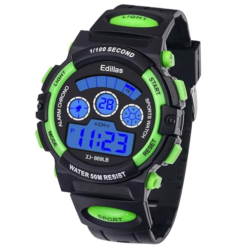 Edillas Reloj Digital Niños 50M (5ATM) Impermeable 7 Colores LED Relojes Deportivos Multifuncionales para Exteriores con Alarma