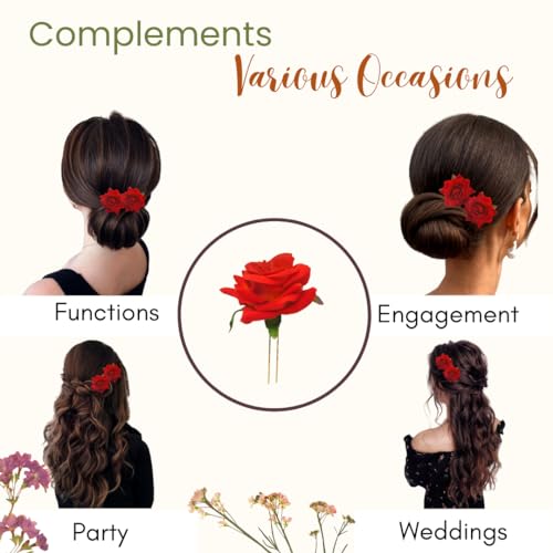 Image of Hair Flare Artificial Plastic & Metal Rose Flower with An Abundance of Petals Design Hairpin /Hair Clip /Judabun | Bridal Hair Accessories, Wedding, Festival for Women & Girls - 2700, Set of 2