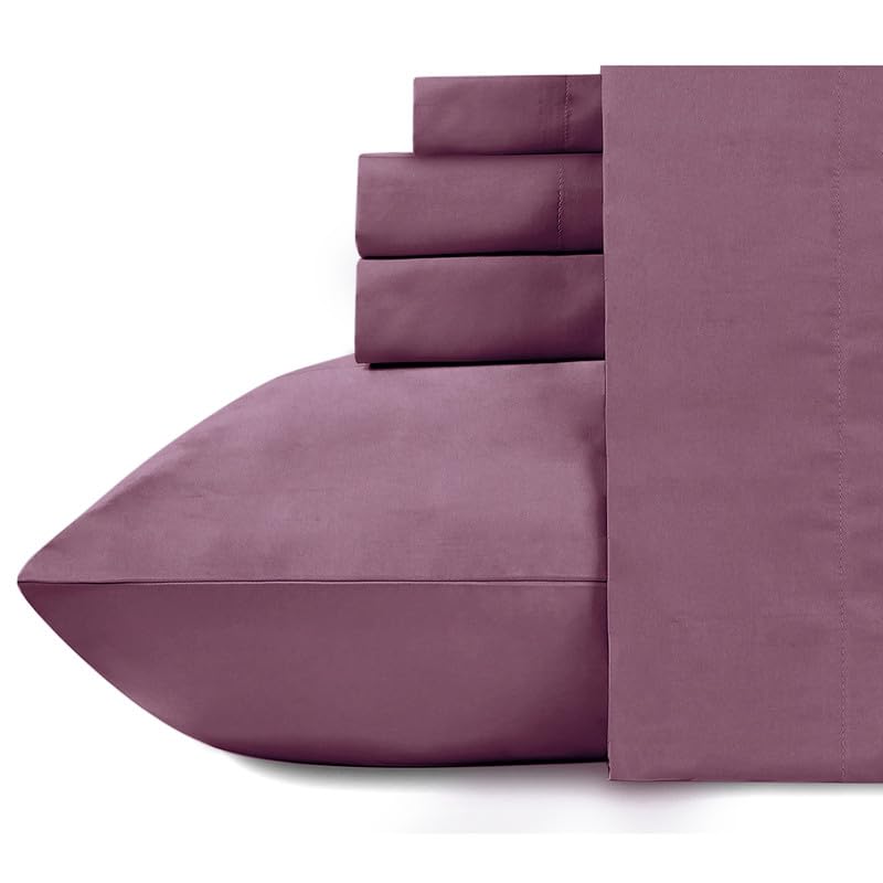 Image of NAKSH Elastic Fitted Bedsheets King Size 78 x 72 Inch, 210 TC Plain Pure Cotton, Plum | 1 King Size Bedsheet with Elastic Fitted and 2 Pillow Covers